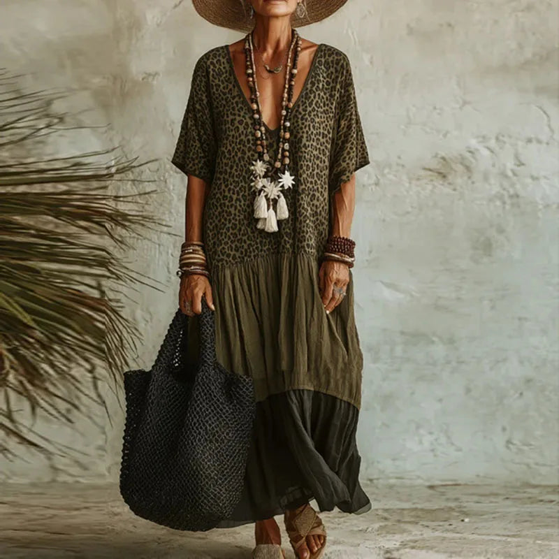 Dress Arden™ with a Deep V-Neck, Leopard Bodice and Tiered Skirt