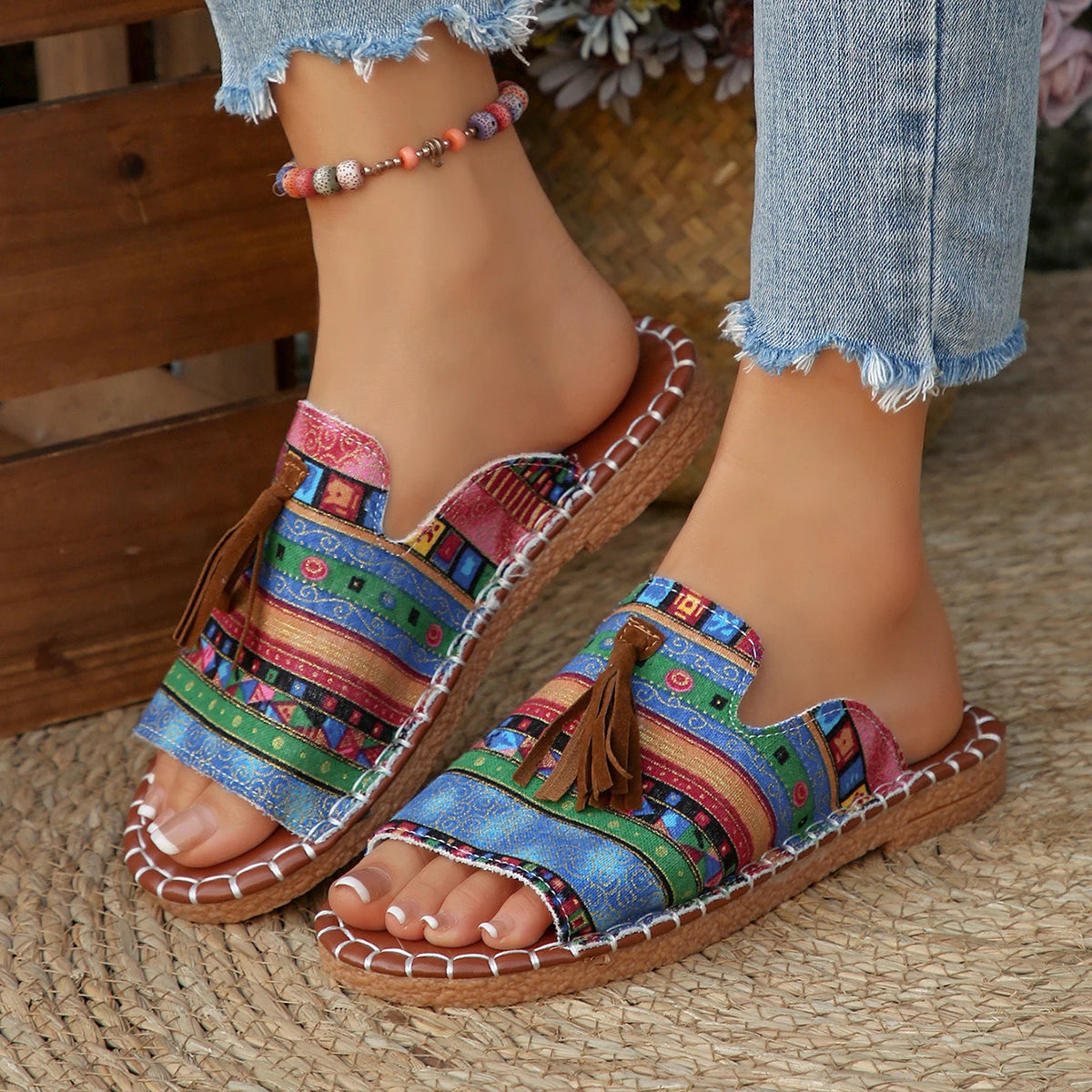Marivelle™ Sandal With Ethnic Print And Decorative Tassels