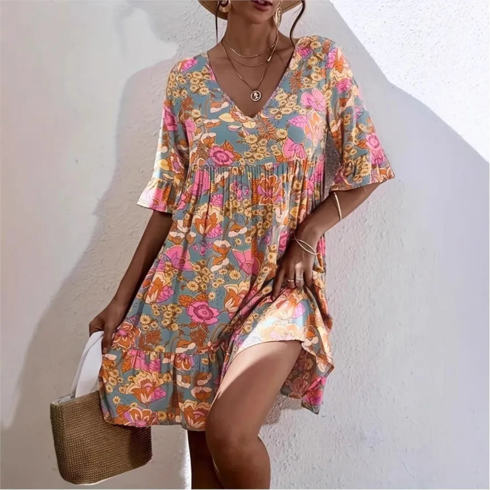 Amarise™ Floral Dress with 3/4 Sleeves and Gathered Underbust Seam