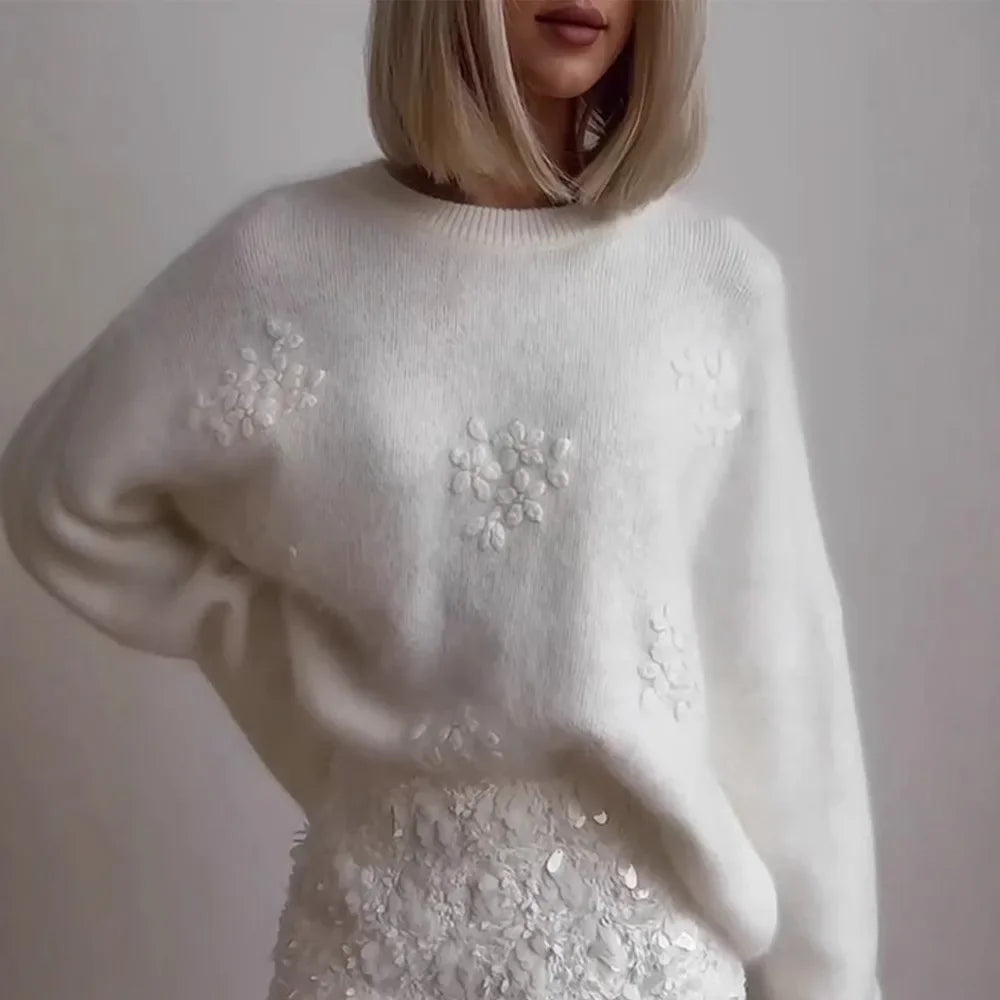 Toronto™ Sweater in Soft Tricot with Floral Appliques / Quiet Elegance for Chilly Days with Charm!