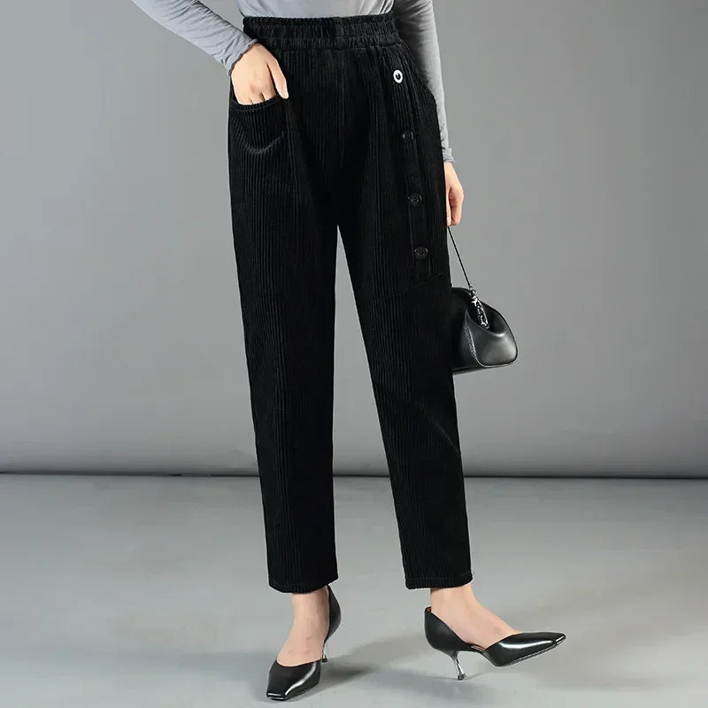Cordelle™ Velvet Lined Pants with Decorative Buttons / Coziness and Style on Cold Days!