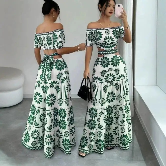 Amalina™ Off-Shoulder Dress With Waist Cutout And Elegant Print