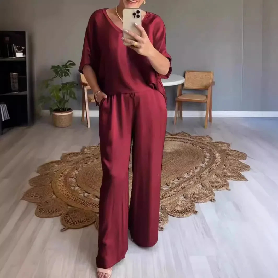 Marevielle™ Satin Set With Relaxed Blouse and Flowing Wide-Leg Pants