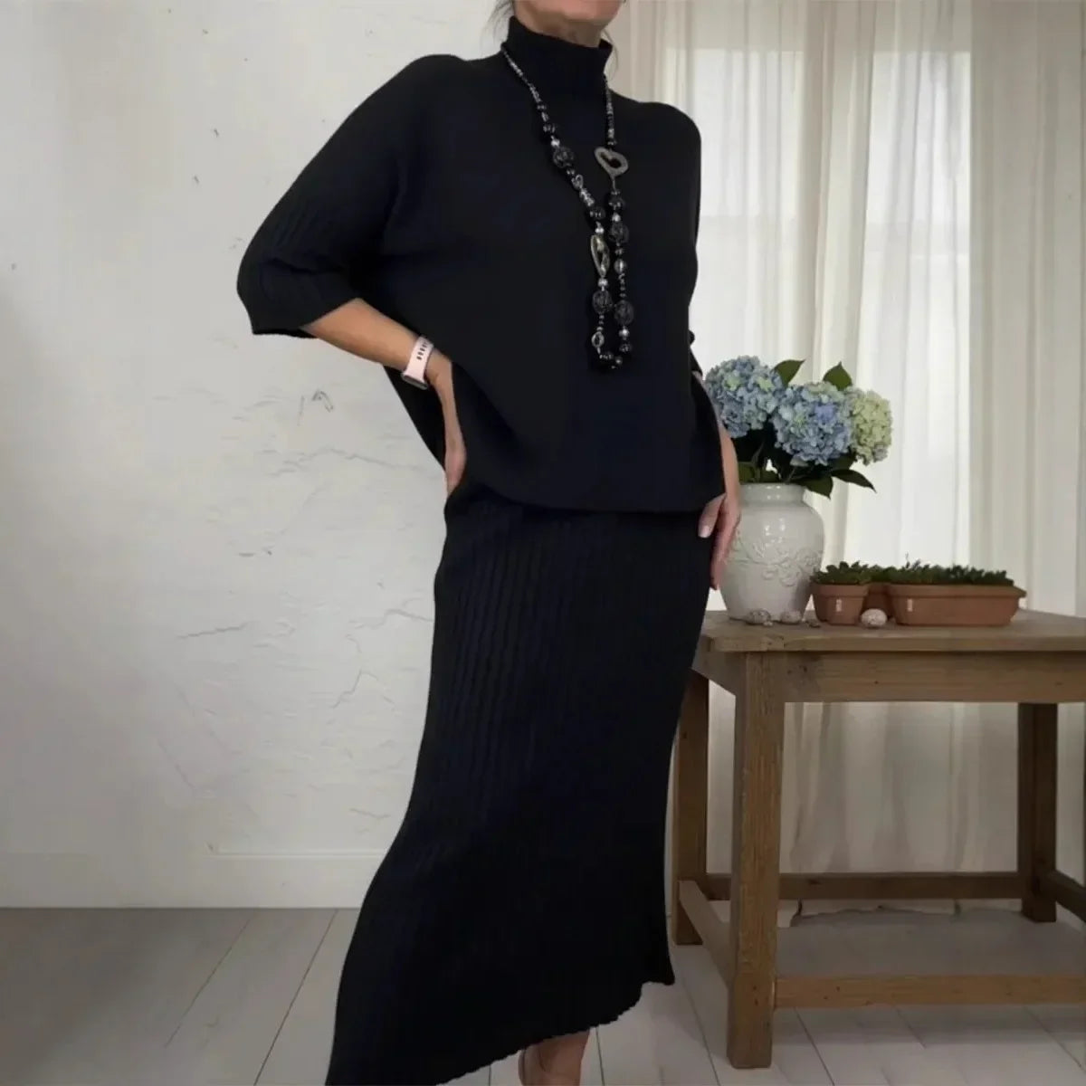 Marselha™ Set with Turtleneck Top and Ribbed Midi Skirt