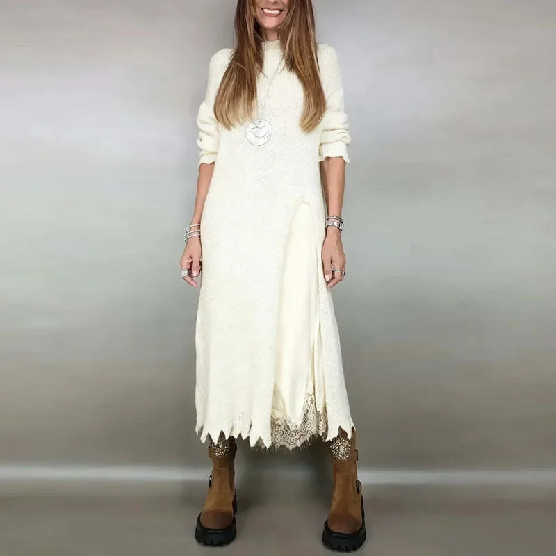 Valérie™ Set with Charming Satin Dress and Long Handcrafted Knit Sweater