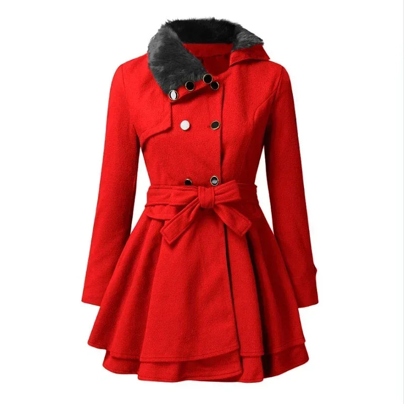 Bellavienne™ Coat With Faux Fur Collar and Tailored Waist Fit