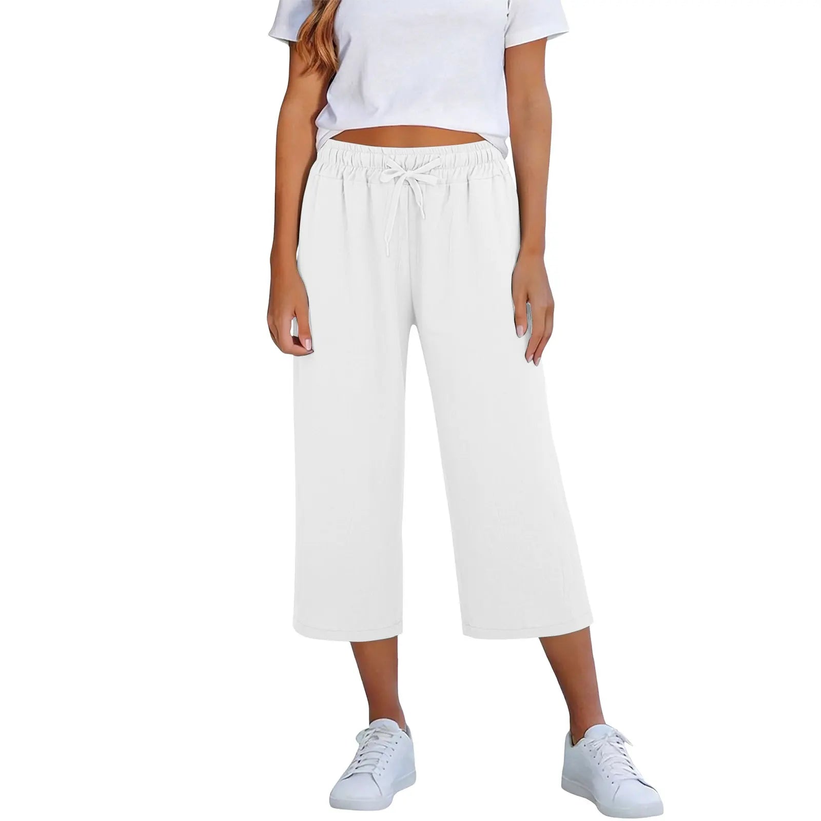 Lisia™ Cotton Linen Cropped Wide-Leg Pants With Elastic Waist And Adjustable Drawstring