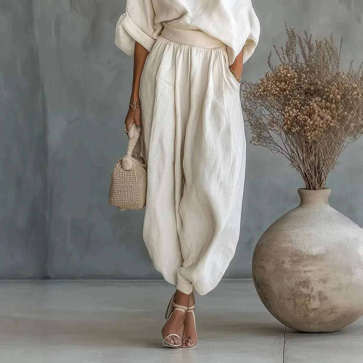 Linnea™ Set with One-Shoulder Top and High-Waisted Pants with Cuffed Hem