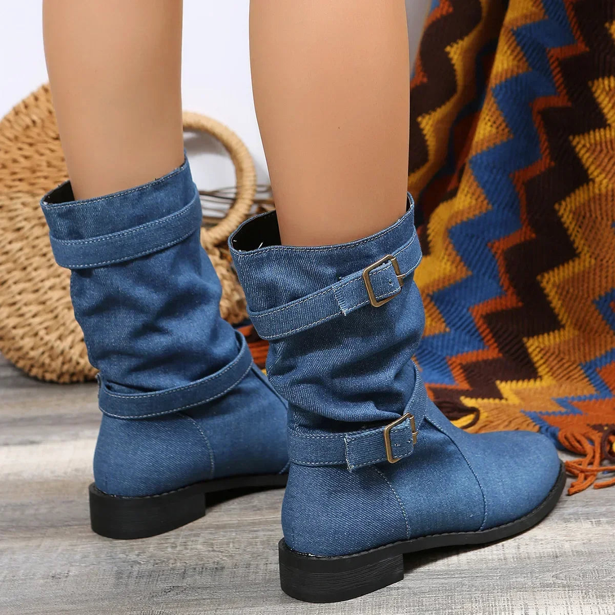 Montana™ Boots in Denim Jeans with Mid-Calf Shaft and Decorative Buckles / Authenticity and Style in Every Detail!