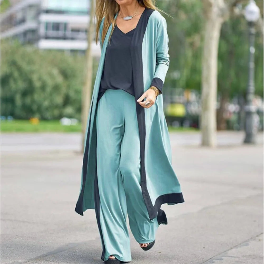 Seravelle™ Three-Piece Set with Long Cardigan, V-Neck Top and Wide-Leg Pants