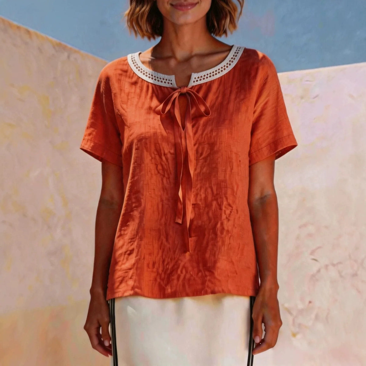 Valisse™ Blouse with Delicate Bow and Handcrafted Eyelet Lace at the Neckline