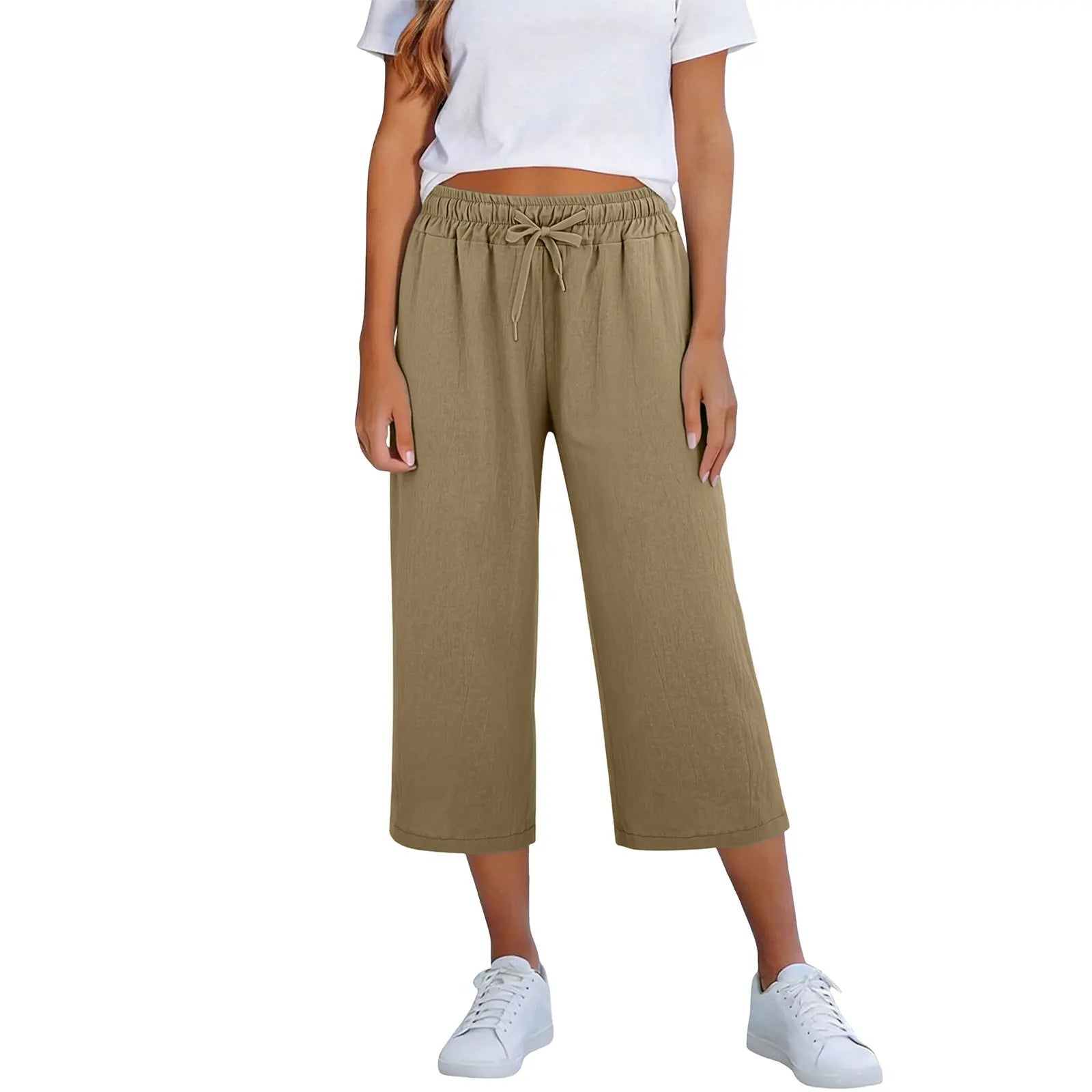Lisia™ Cotton Linen Cropped Wide-Leg Pants With Elastic Waist And Adjustable Drawstring