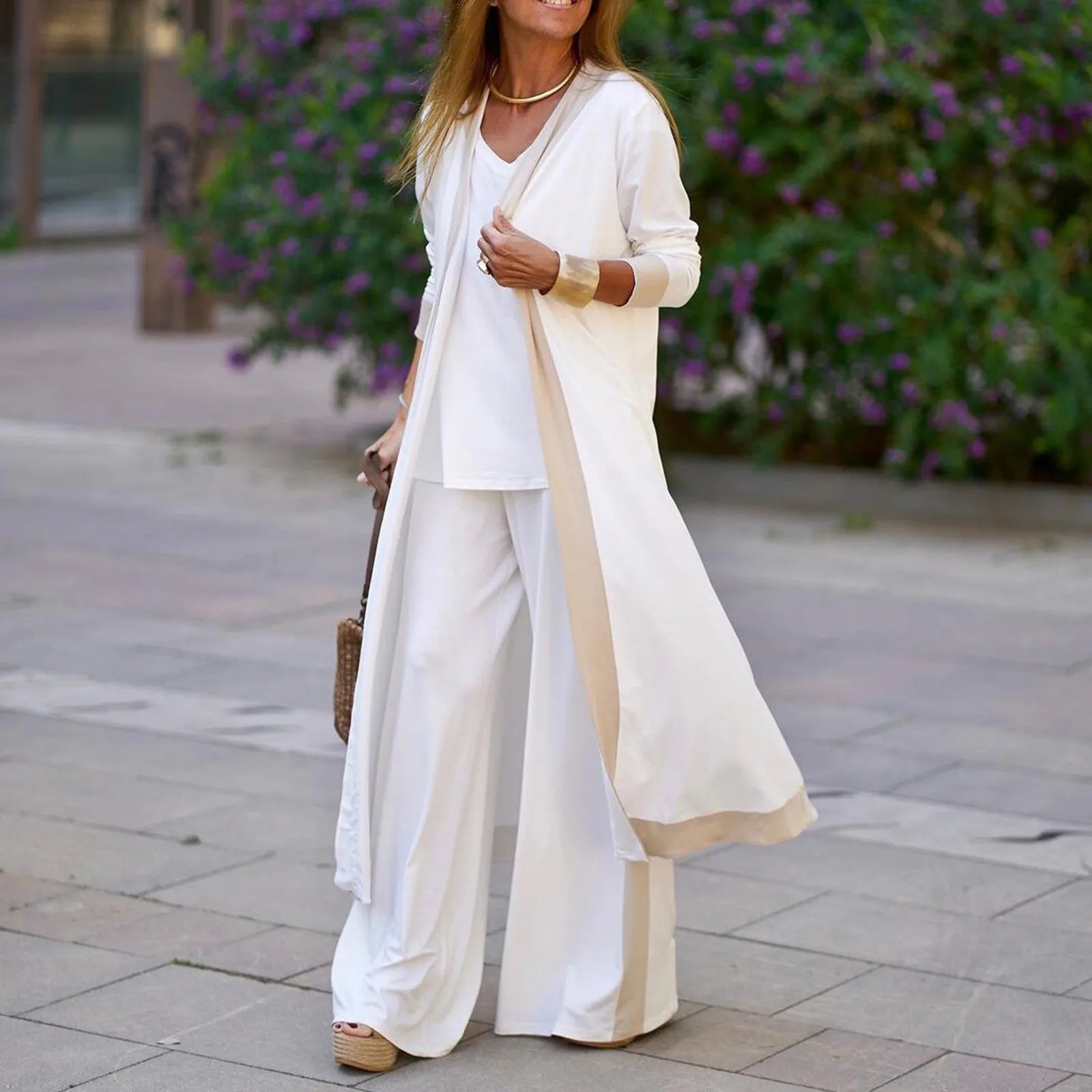 Seravelle™ Three-Piece Set with Long Cardigan, V-Neck Top and Wide-Leg Pants