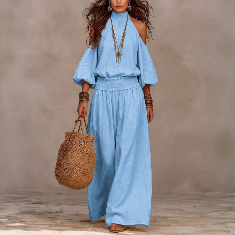 Set Oceane™ with Cold-Shoulder Top and Smocked Wide-Leg Pants.