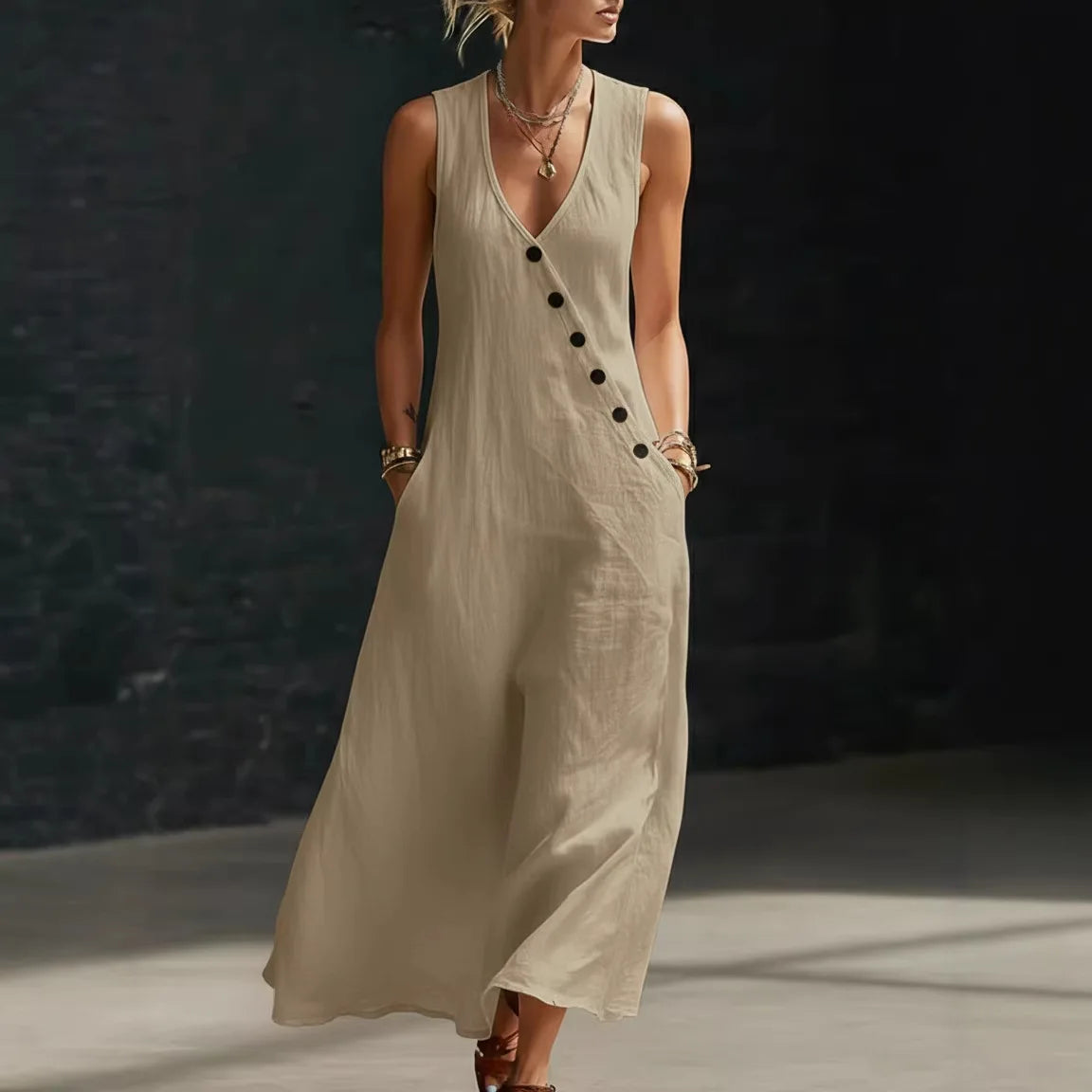 Antonella™ Midi Dress with Elegant Buttons and a V-Neckline