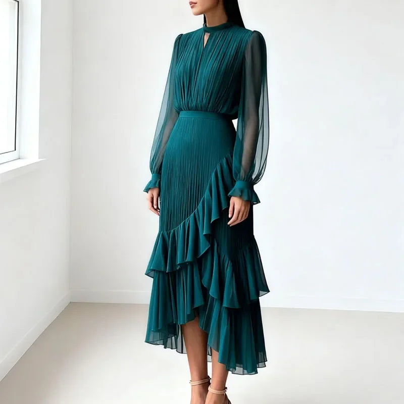 Lioren™ Dress with Sophisticated Pleats and Asymmetrical Ruffles