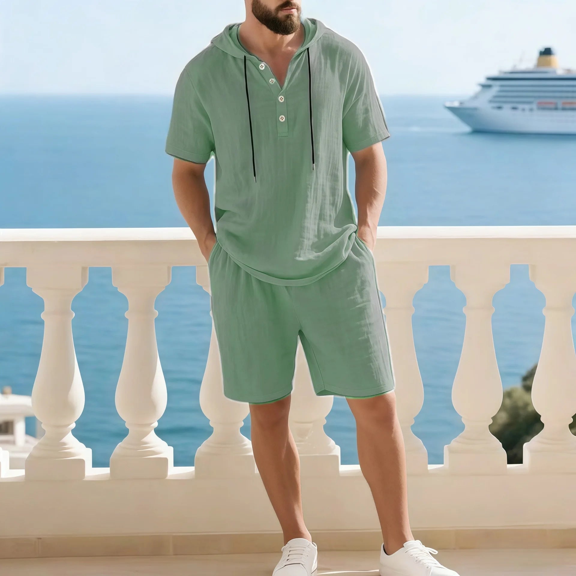 Portofino Coast™ Cotton-Linen Set With Modern Hooded Shirt
