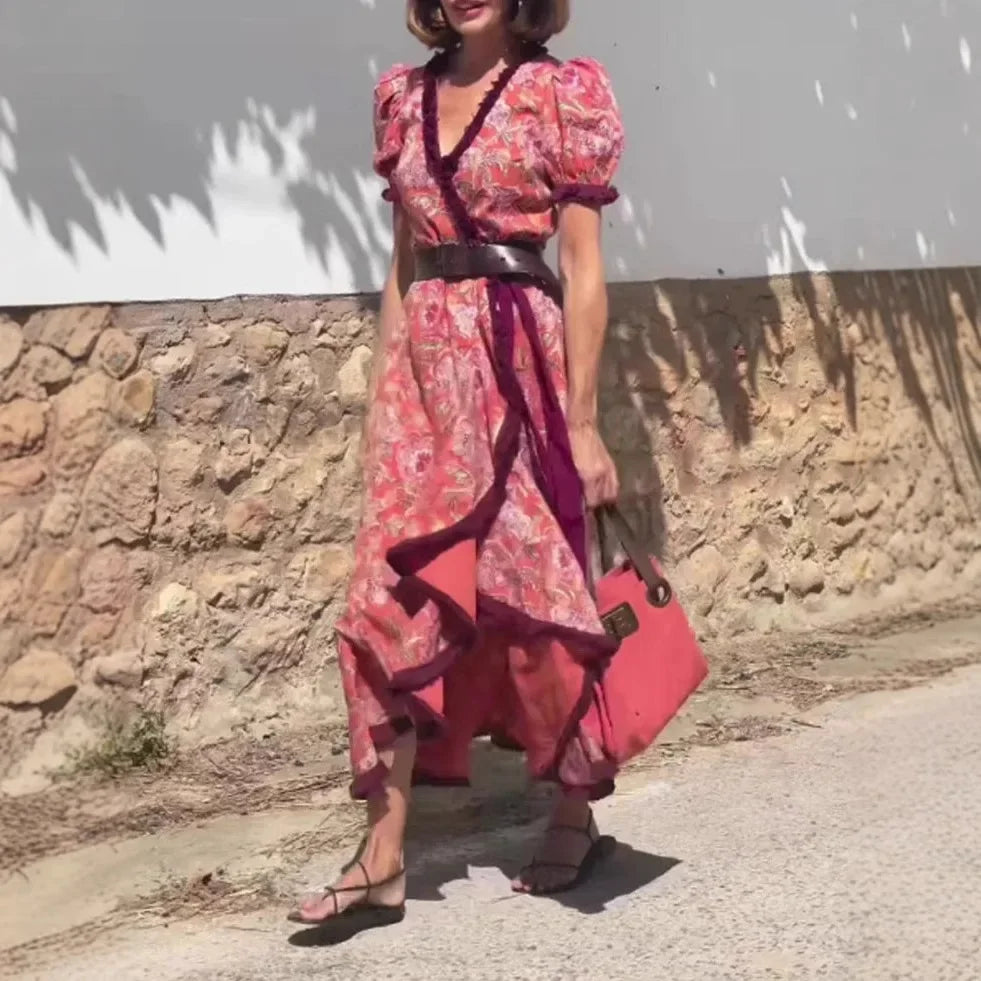 Sevilha™ Dress in Retro Floral with Contrasting Ruffles / The Charm of Europe in Every Detail!