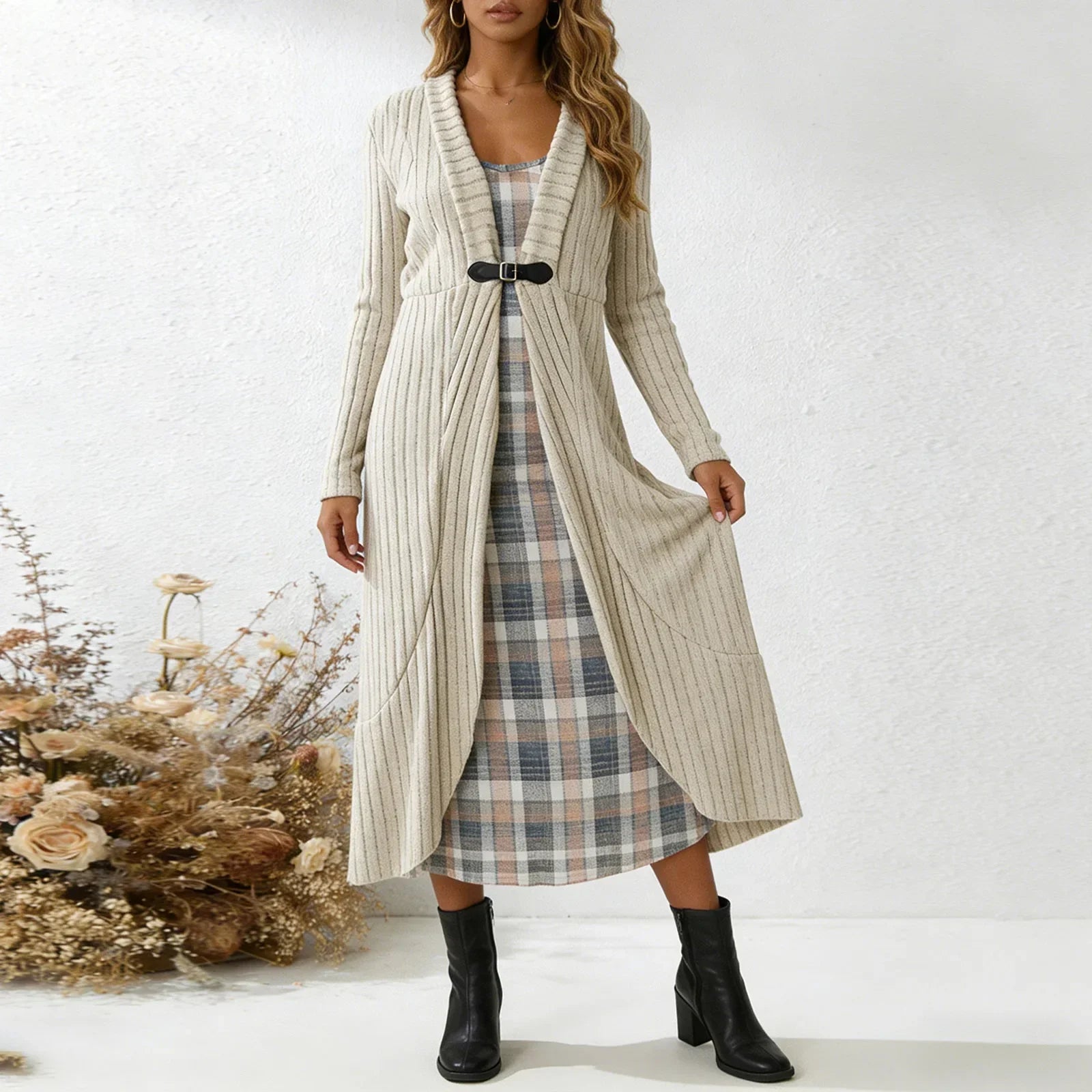 Aurenza™ Plaid Dress and Long Knit Cardigan Set