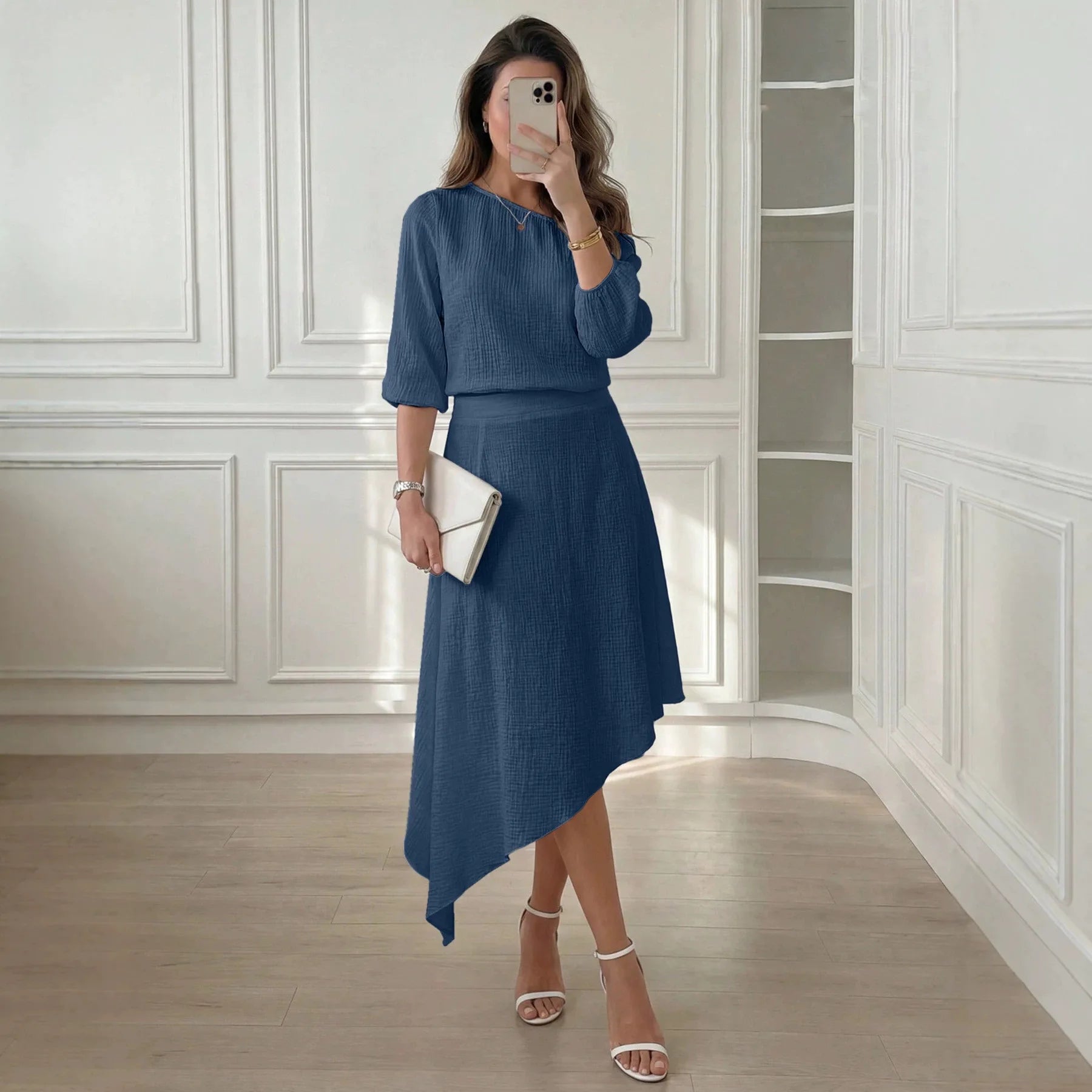 Set Emberly™ with Textured One-Shoulder Top and Flowy Midi Skirt