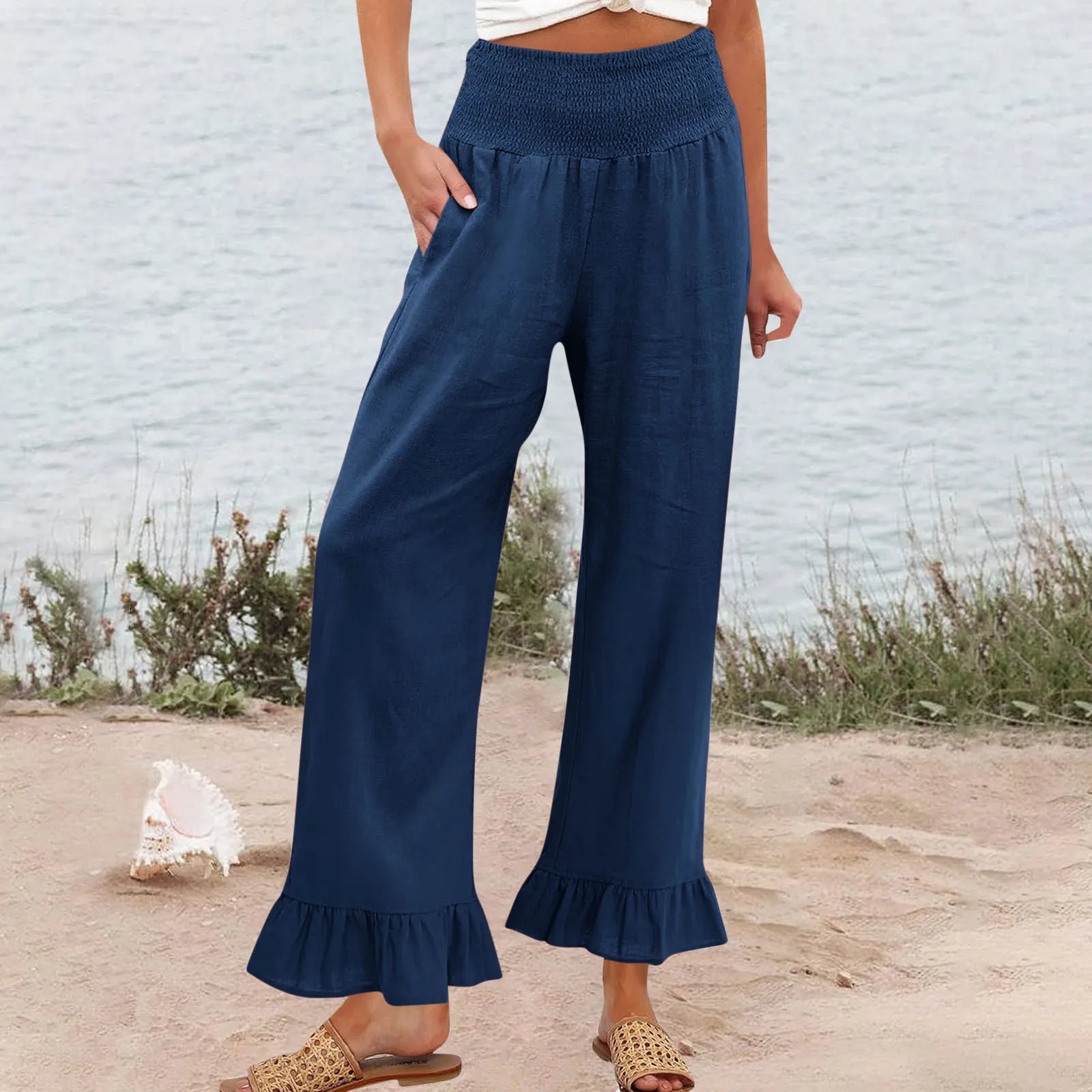 Pants Selene™ with Smocked High Waist, Linen Blend and Ruffle Hem