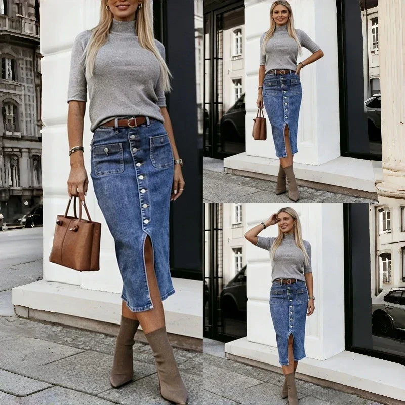 Belmira™ Premium Denim Skirt with Front Buttons and an Elegant Slit
