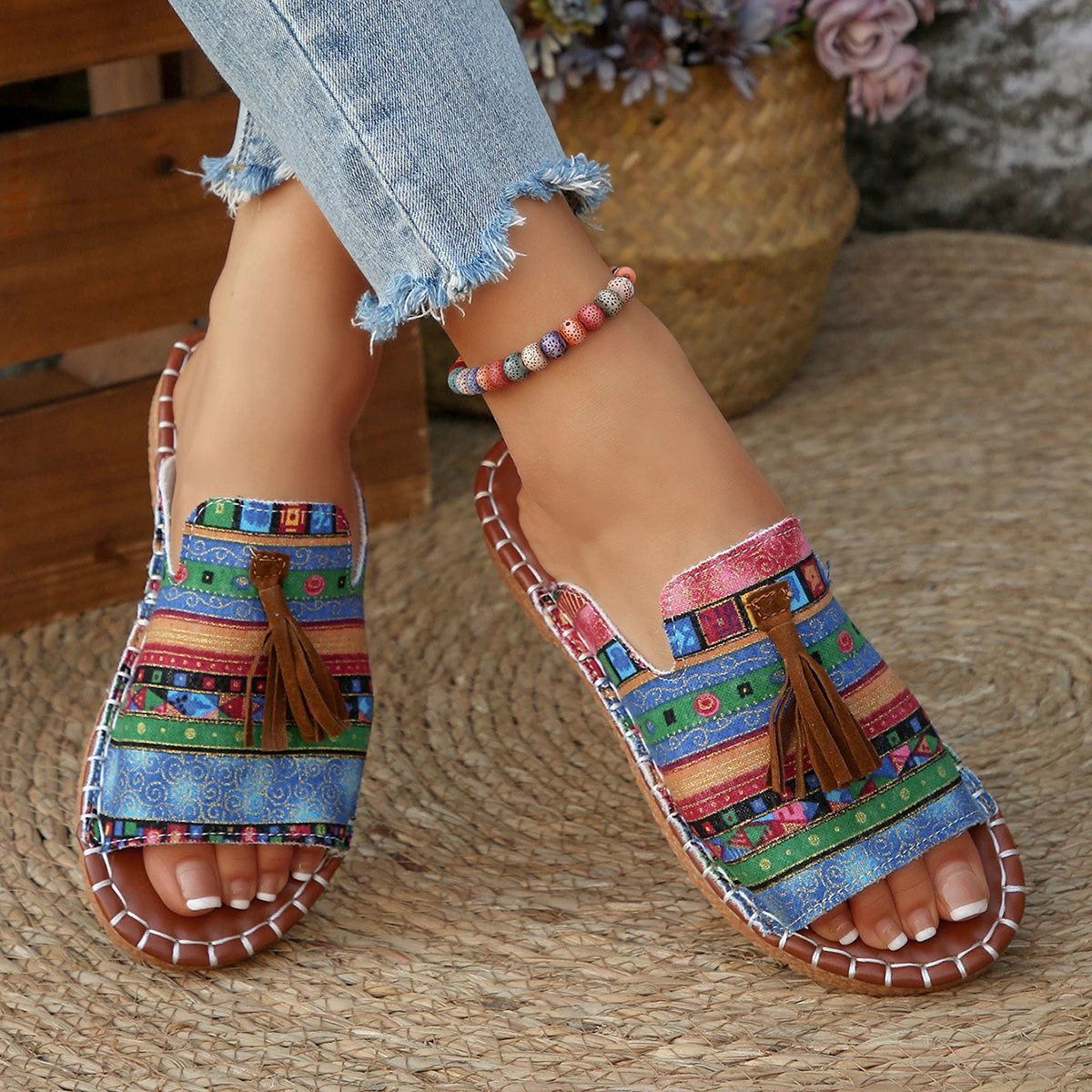 Marivelle™ Sandal With Ethnic Print And Decorative Tassels