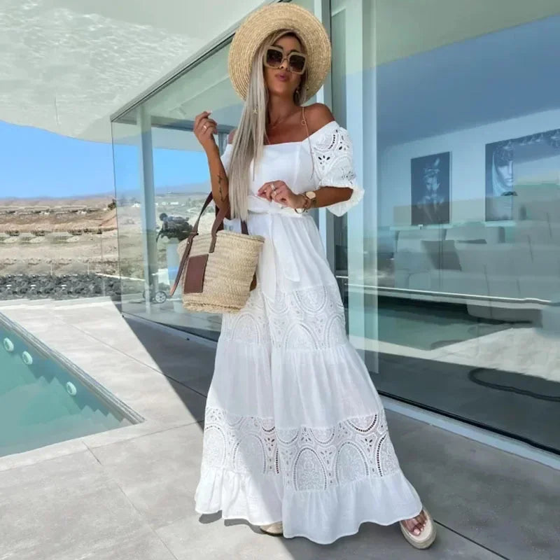 Elysée Charm™ Dress in Laise Embroidery with Layered Skirt and Bow at the Waist / Timeless Elegance Inspired by the Mediterranean!
