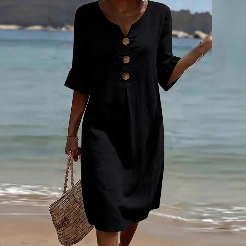 Liora™ Cotton-Linen Dress with Front Buttons and a Flowy Fit