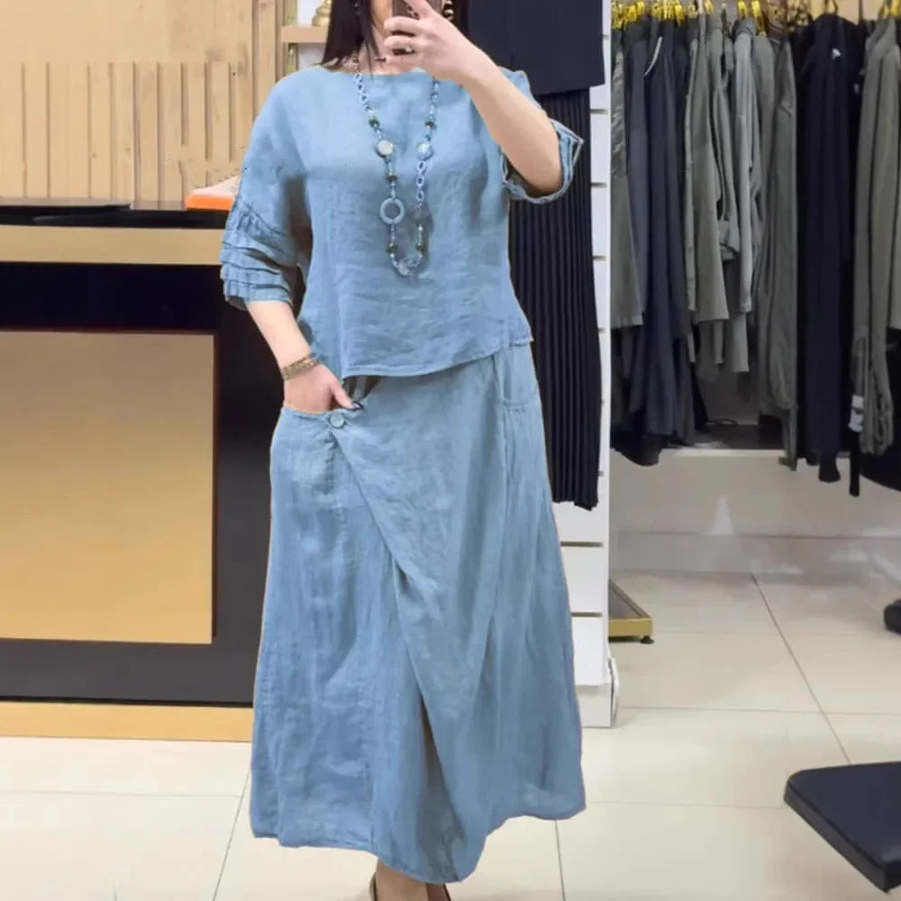 Bellarive™ Cotton Linen Set With Relaxed Blouse and Wrap Skirt