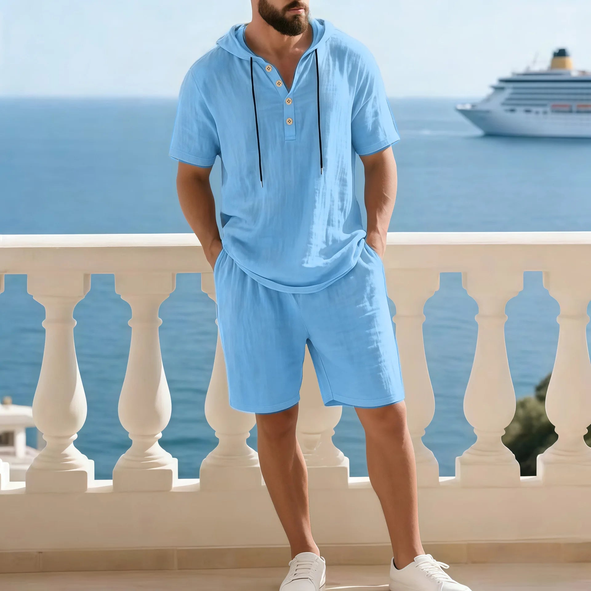 Portofino Coast™ Cotton-Linen Set With Modern Hooded Shirt