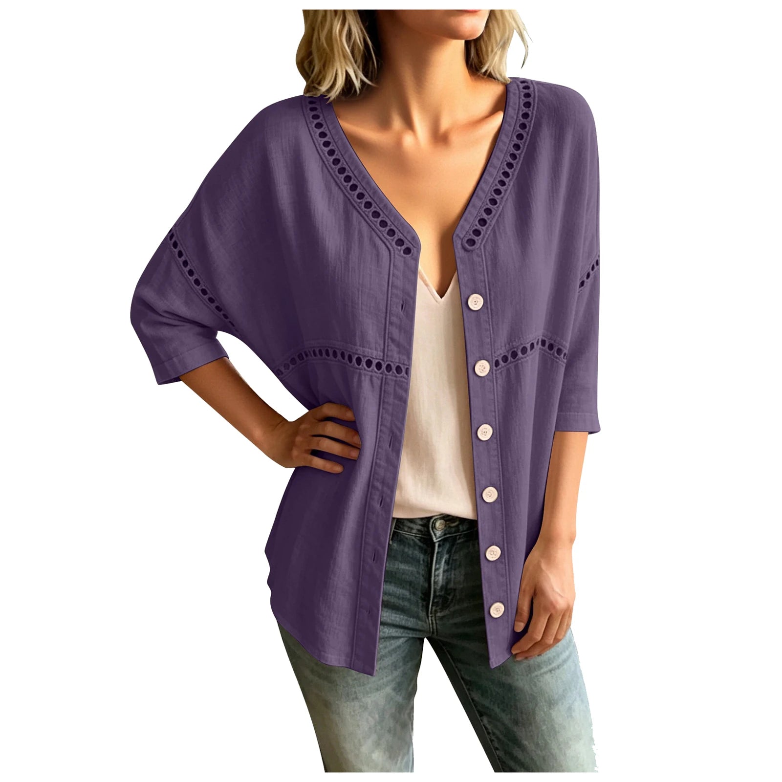 Cardigan Marelia™ Cotton-Linen, Openwork Trim and V-Neck