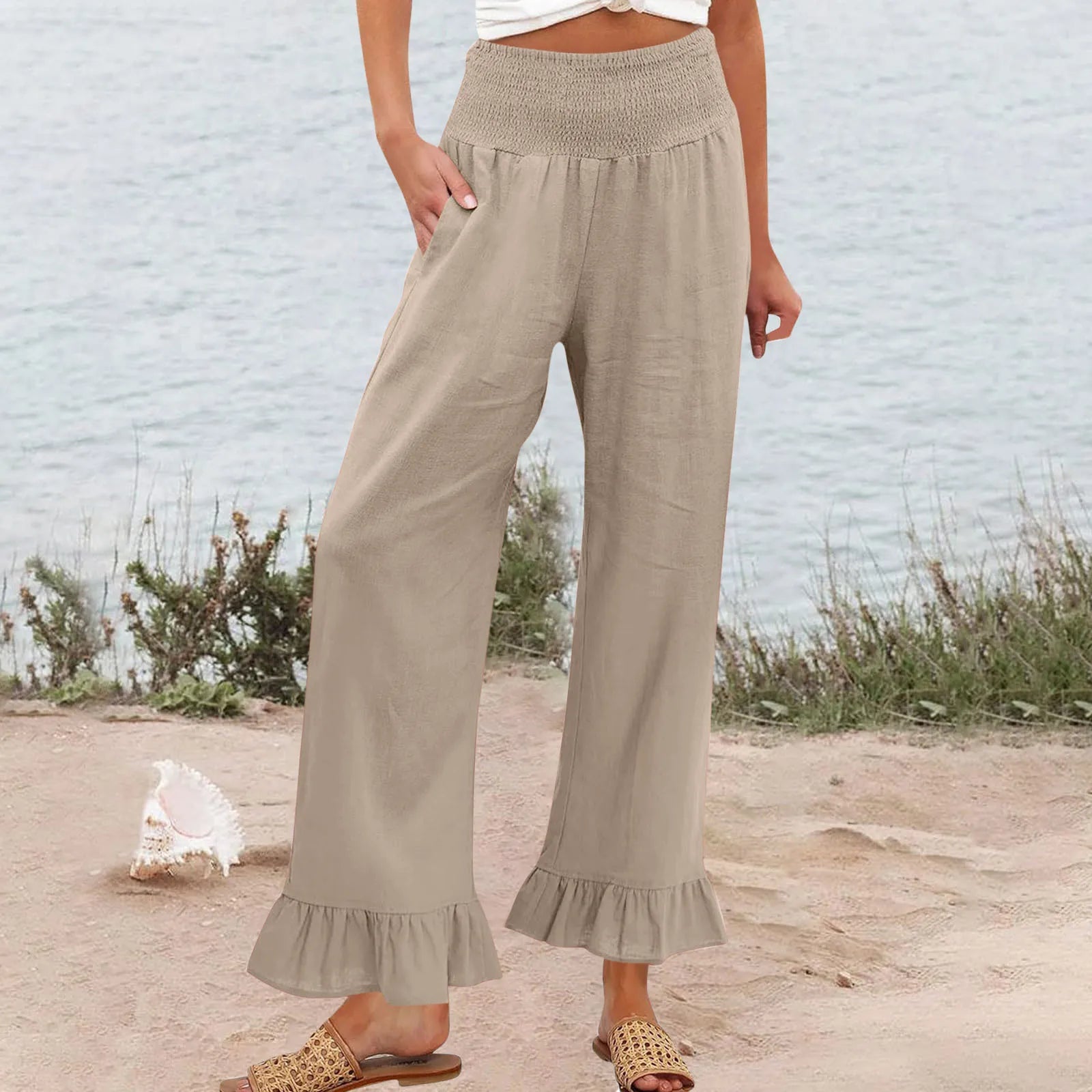 Pants Selene™ with Smocked High Waist, Linen Blend and Ruffle Hem