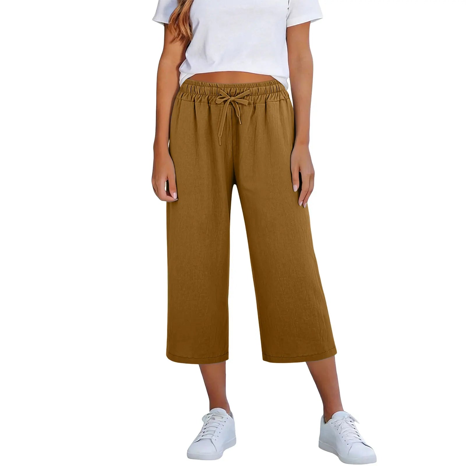Lisia™ Cotton Linen Cropped Wide-Leg Pants With Elastic Waist And Adjustable Drawstring