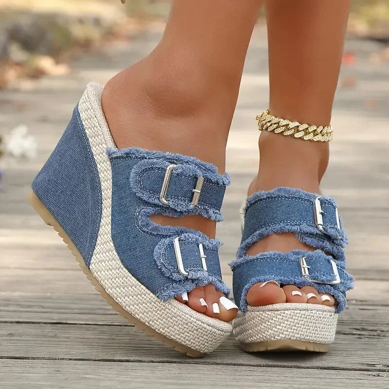 Zafira™ Wedge Mules with Double Buckles and Denim Design