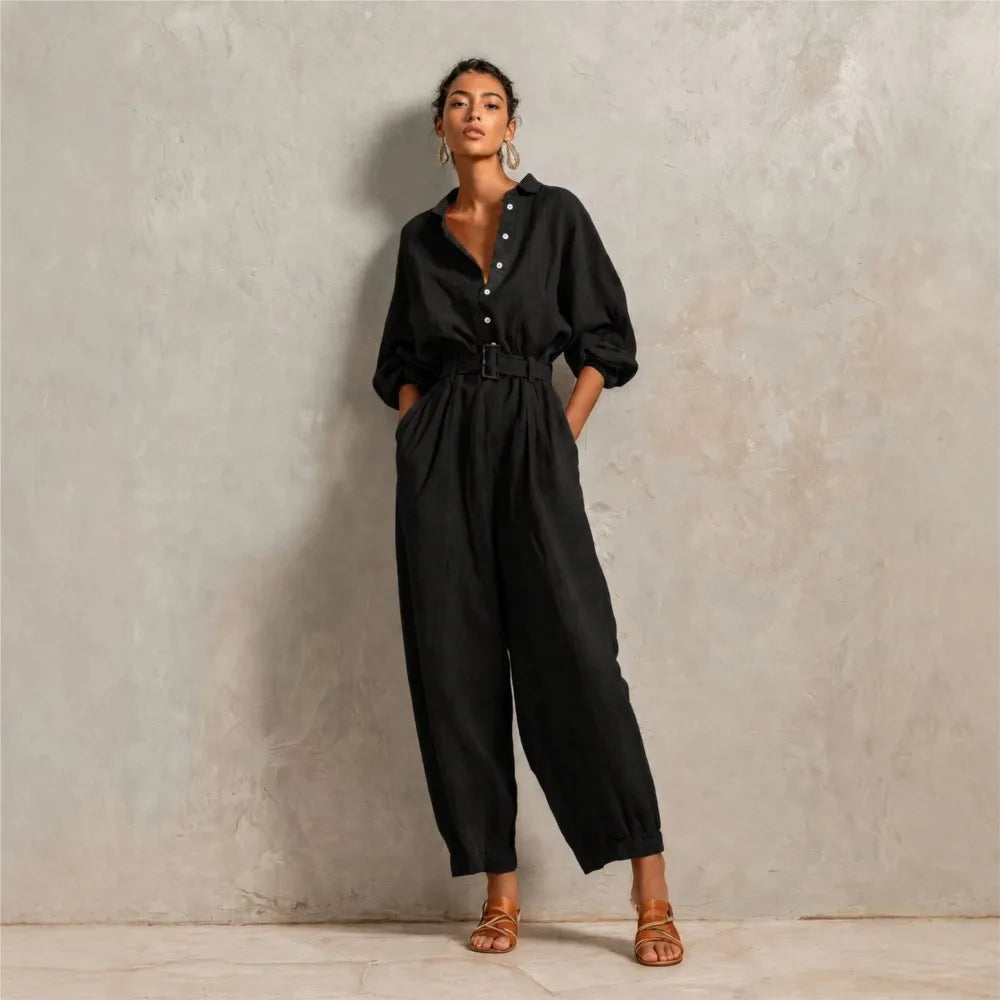 Terrena™ Jumpsuit with Front Buttons and Defined Waist.