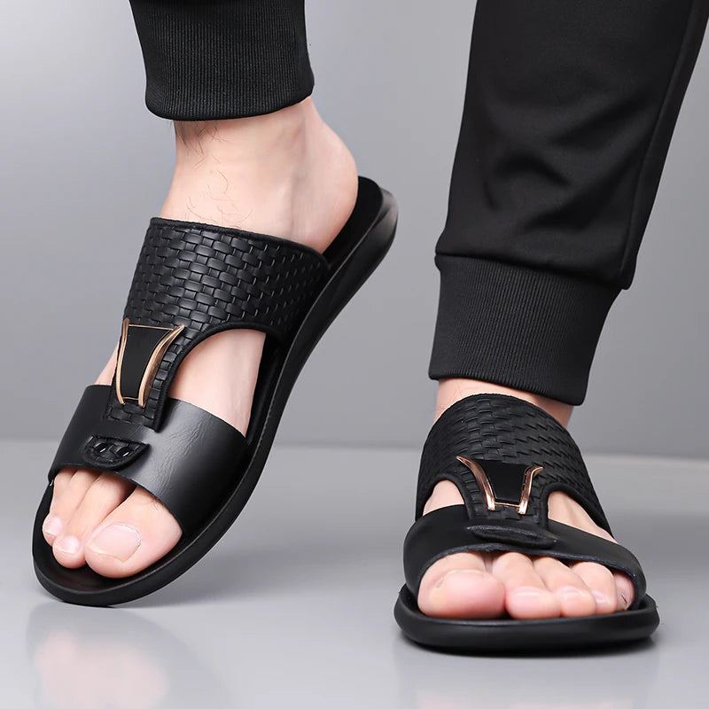 Arkon™ Woven Leather Sandals With Metallic Detail And Premium Anatomical Comfort