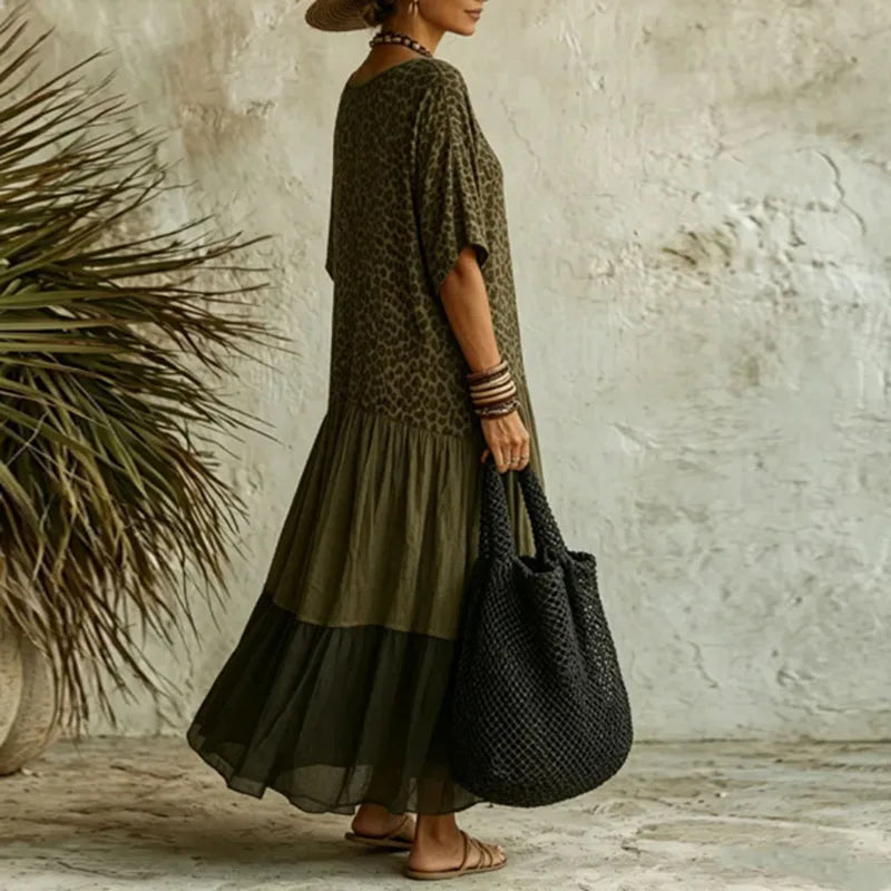 Dress Arden™ with a Deep V-Neck, Leopard Bodice and Tiered Skirt