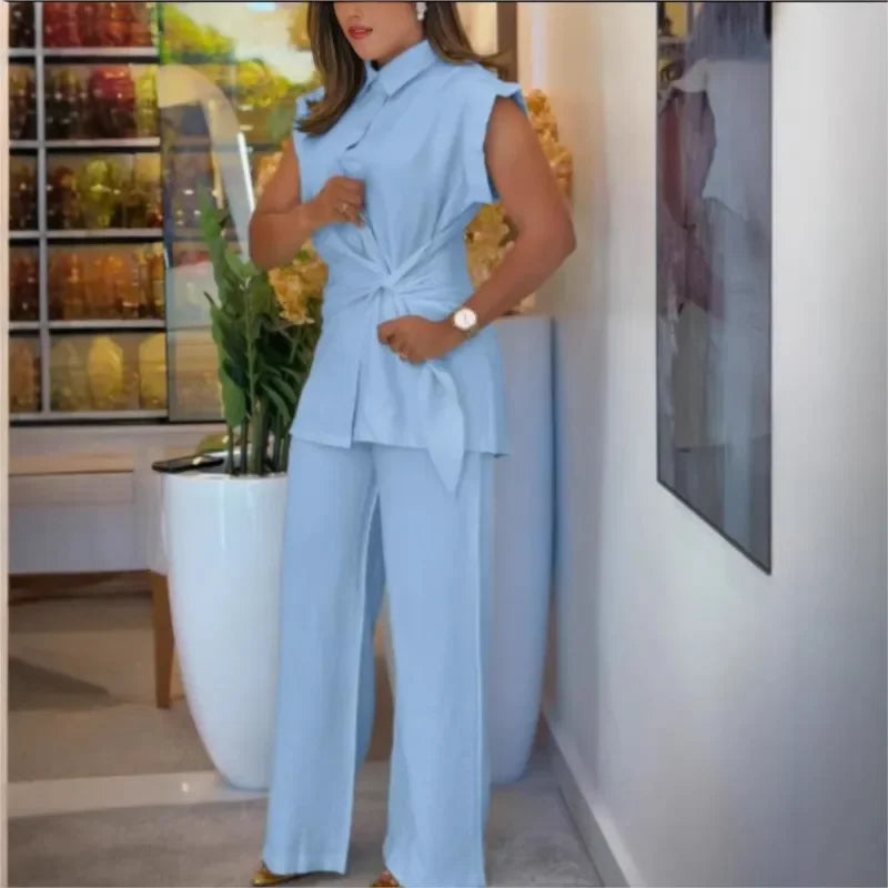 Women's Cotton Blend Set and Shirt with Bow Detail / Contemporary Tailoring with a Feminine Touch of Precision!