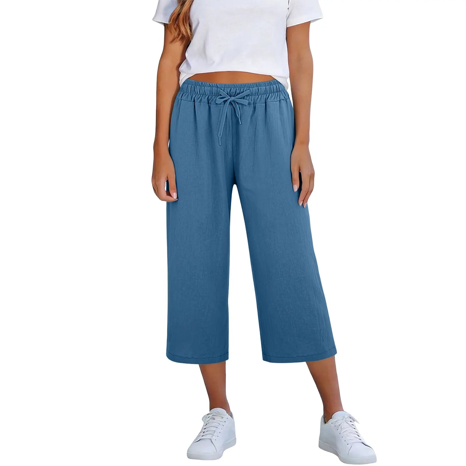 Lisia™ Cotton Linen Cropped Wide-Leg Pants With Elastic Waist And Adjustable Drawstring