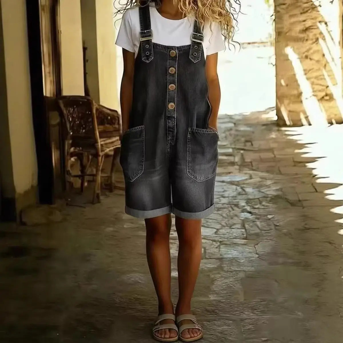 Lunessa™ Denim Romper with Adjustable Overall Straps and Front Patch Pockets