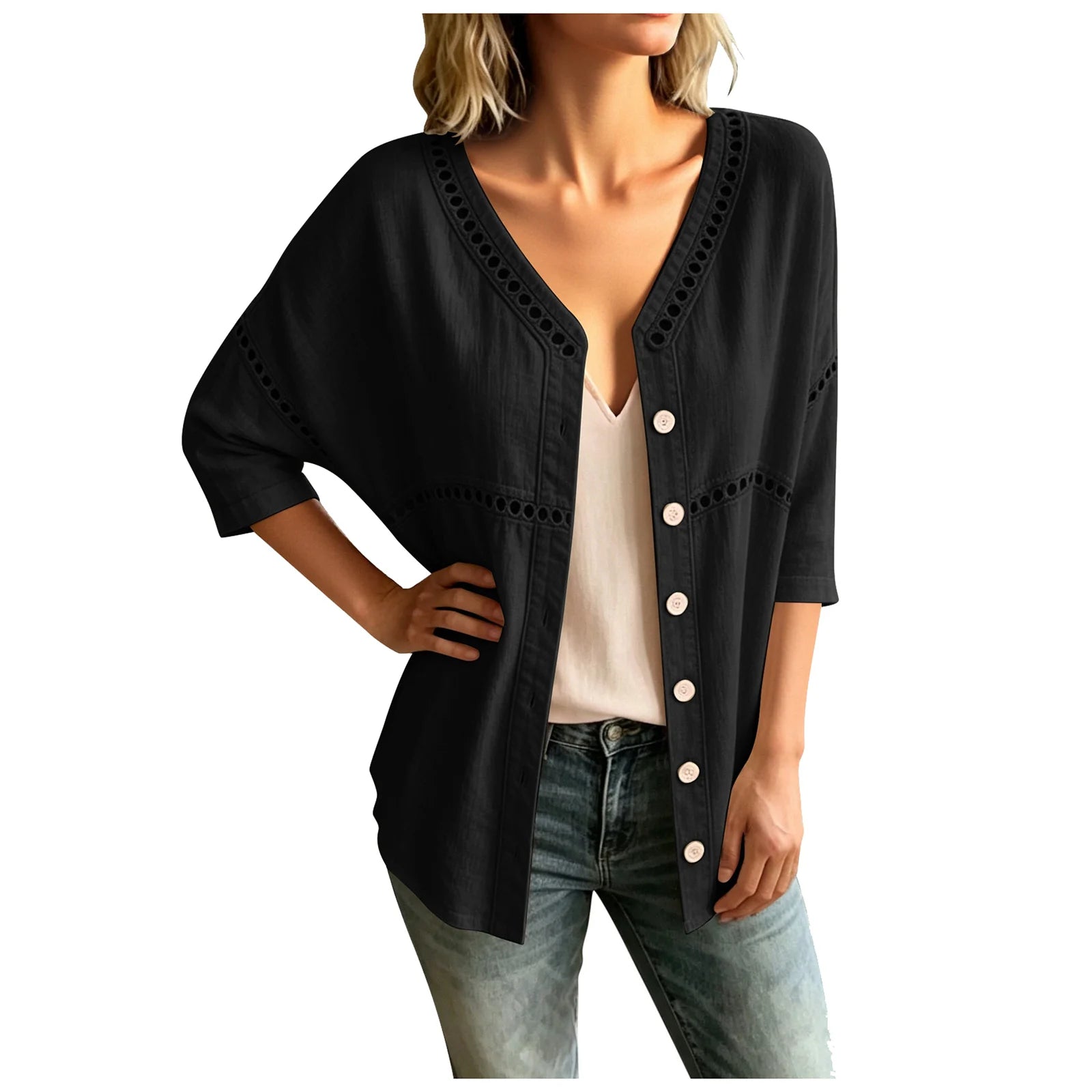 Cardigan Marelia™ Cotton-Linen, Openwork Trim and V-Neck