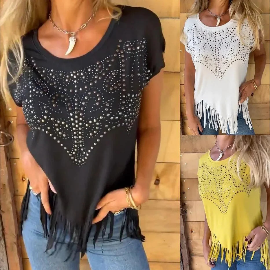 Lumivibe™ Blouse with Rhinestone Accents and Delicate Fringe at the Hem
