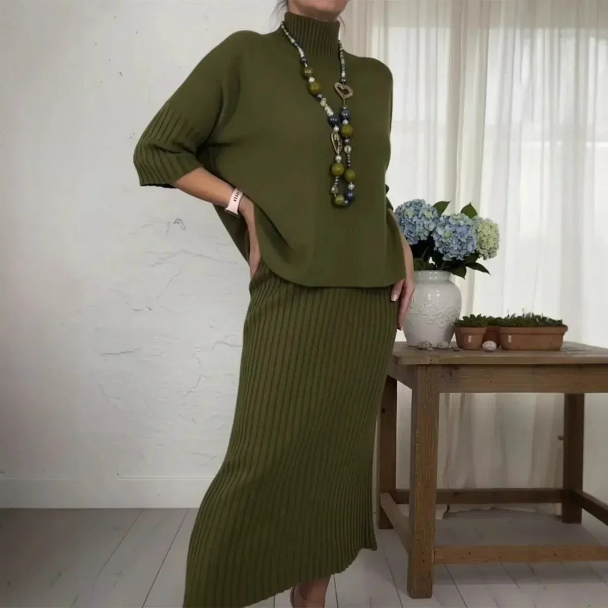 Marselha™ Set with Turtleneck Top and Ribbed Midi Skirt