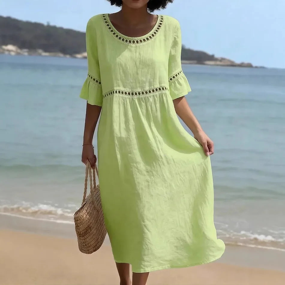 Mireza™ Cotton-Linen Dress with Eyelet Details and Ruffle Sleeves