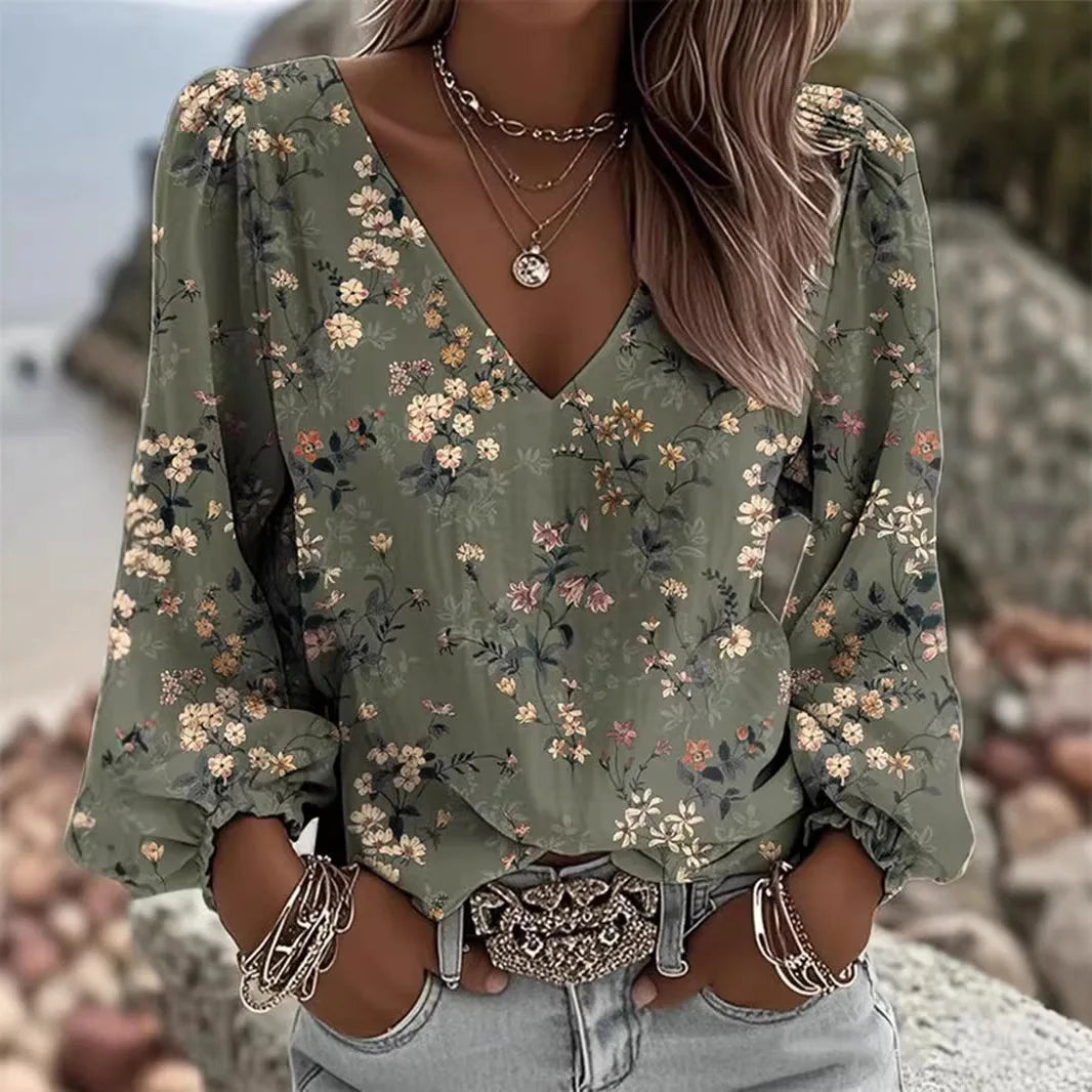 Arielle™ Blouse with V-Neck, Long Sleeves and Gathered Cuffs