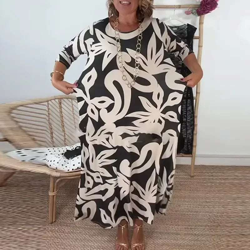 Nerina™ Long Midi Dress with Abstract Floral Print / Loose Elegance that Inspires Freedom!