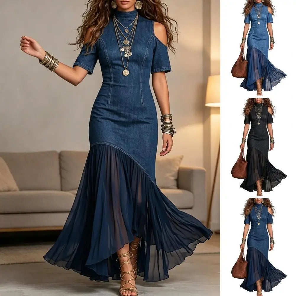 Montclair™ Denim Maxi Dress with Cold-Shoulder Sleeves and a Flowing Sheer Skirt