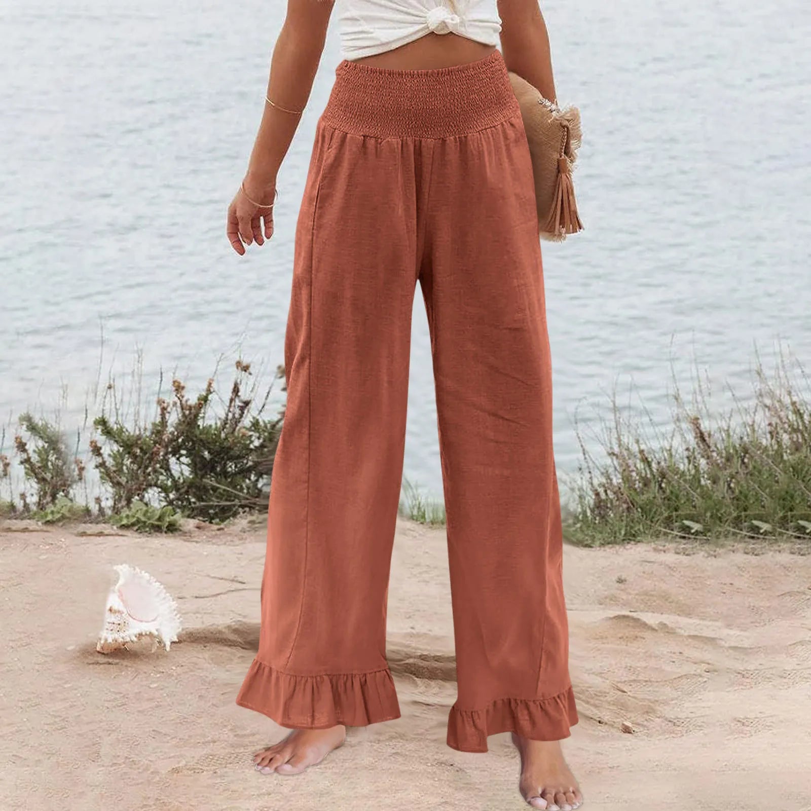 Pants Selene™ with Smocked High Waist, Linen Blend and Ruffle Hem