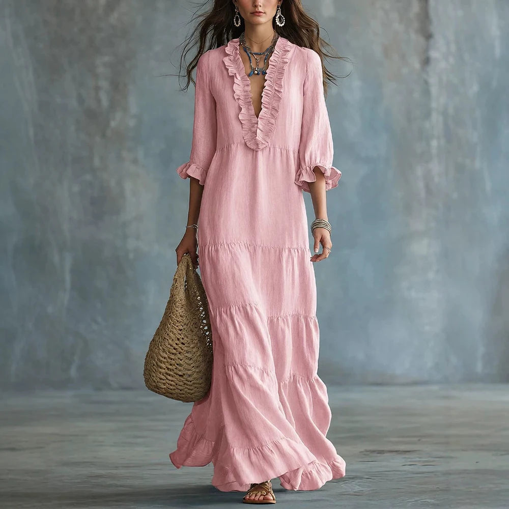 Elviane™ Long Dress with Ruffled V-Neck, Tiered Skirt and 3/4 Sleeves